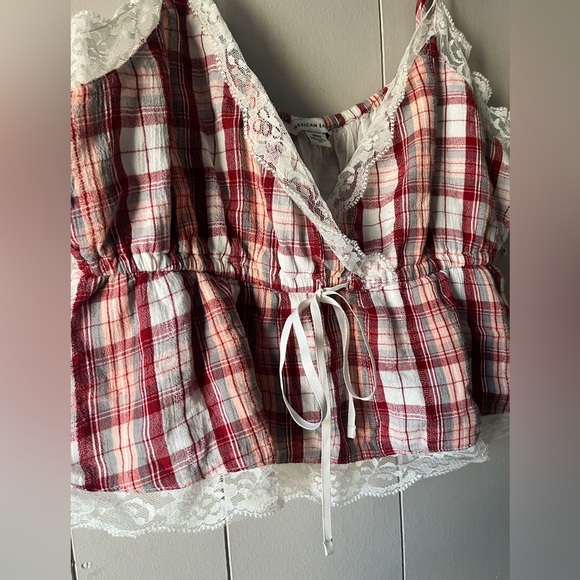 American Eagle Outfitters Red and White Plaid Cami with Lace - Picture 3 of 9